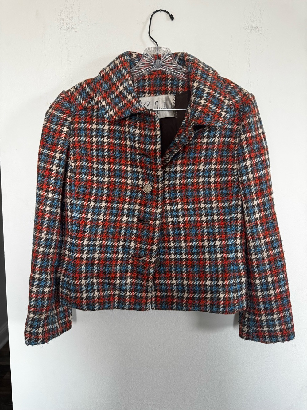 Vintage Sara Frederick Plaid Wool Blend Jacket Blazer Red Blue Houndstooth Coat